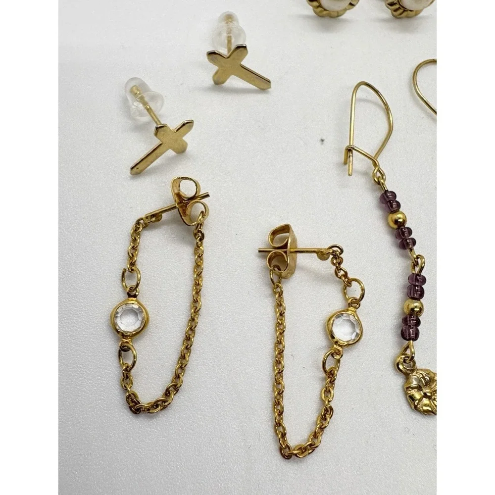 Vintage Lot of 6 Pairs‎ Pierced Earrings Gold Tone Dangle Stud Dainty Cross Bow